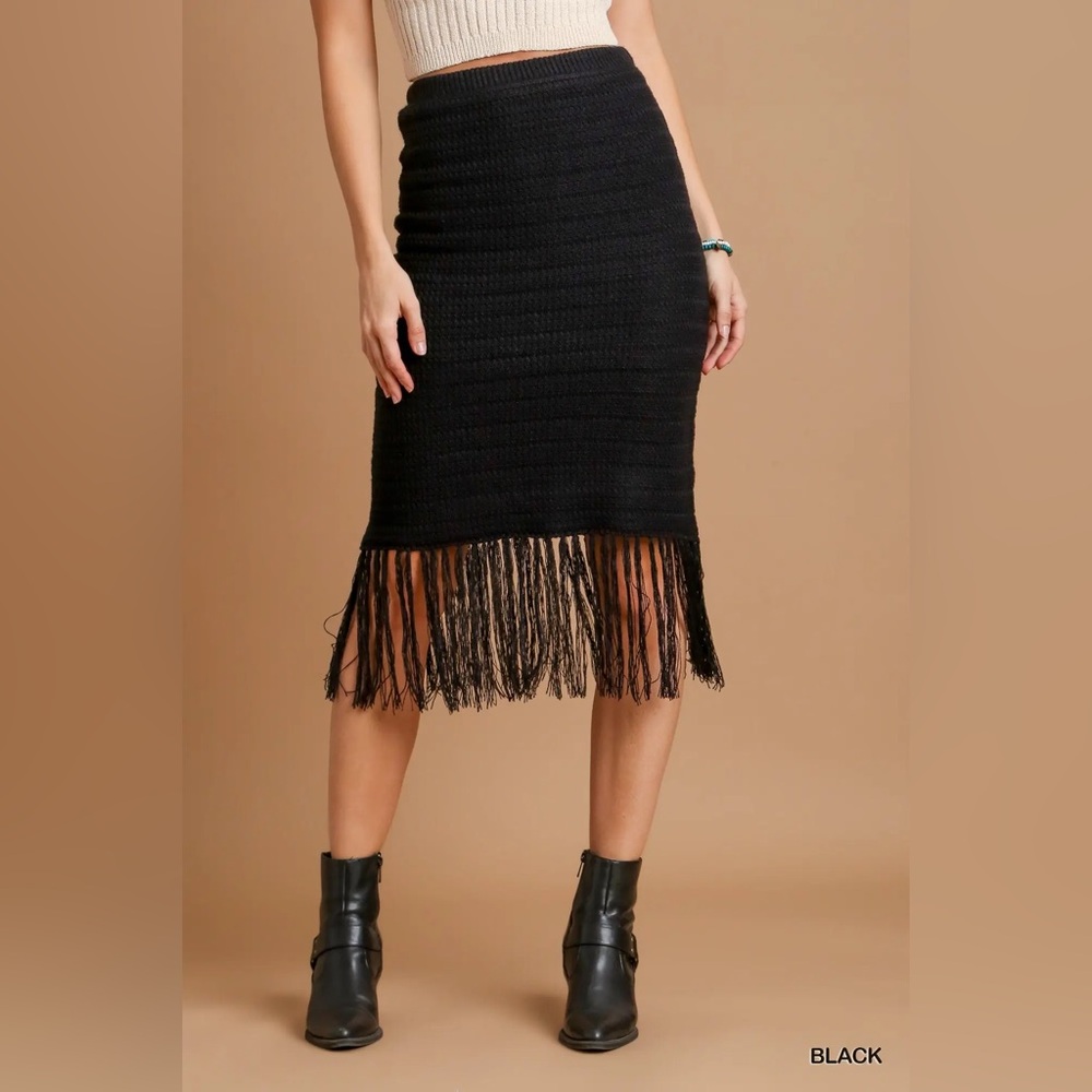 Umgee Black Fringe Crochet Skirt with Frey Hem